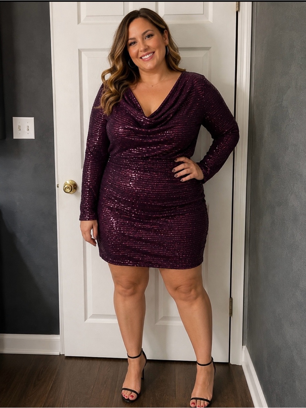 Curvy Sense Plum Sequin Cowl Neck Long Sleeve Party Dress Womens 1x